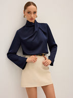 Satin Draped High-Neck Blouse
