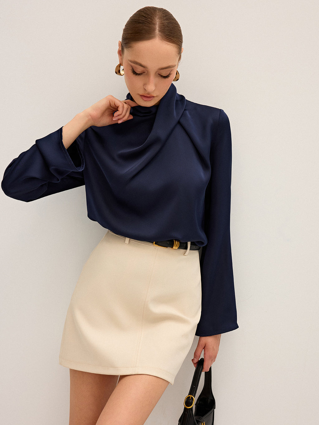 Satin Draped High-Neck Blouse