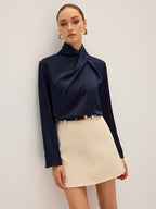Satin Draped High-Neck Blouse