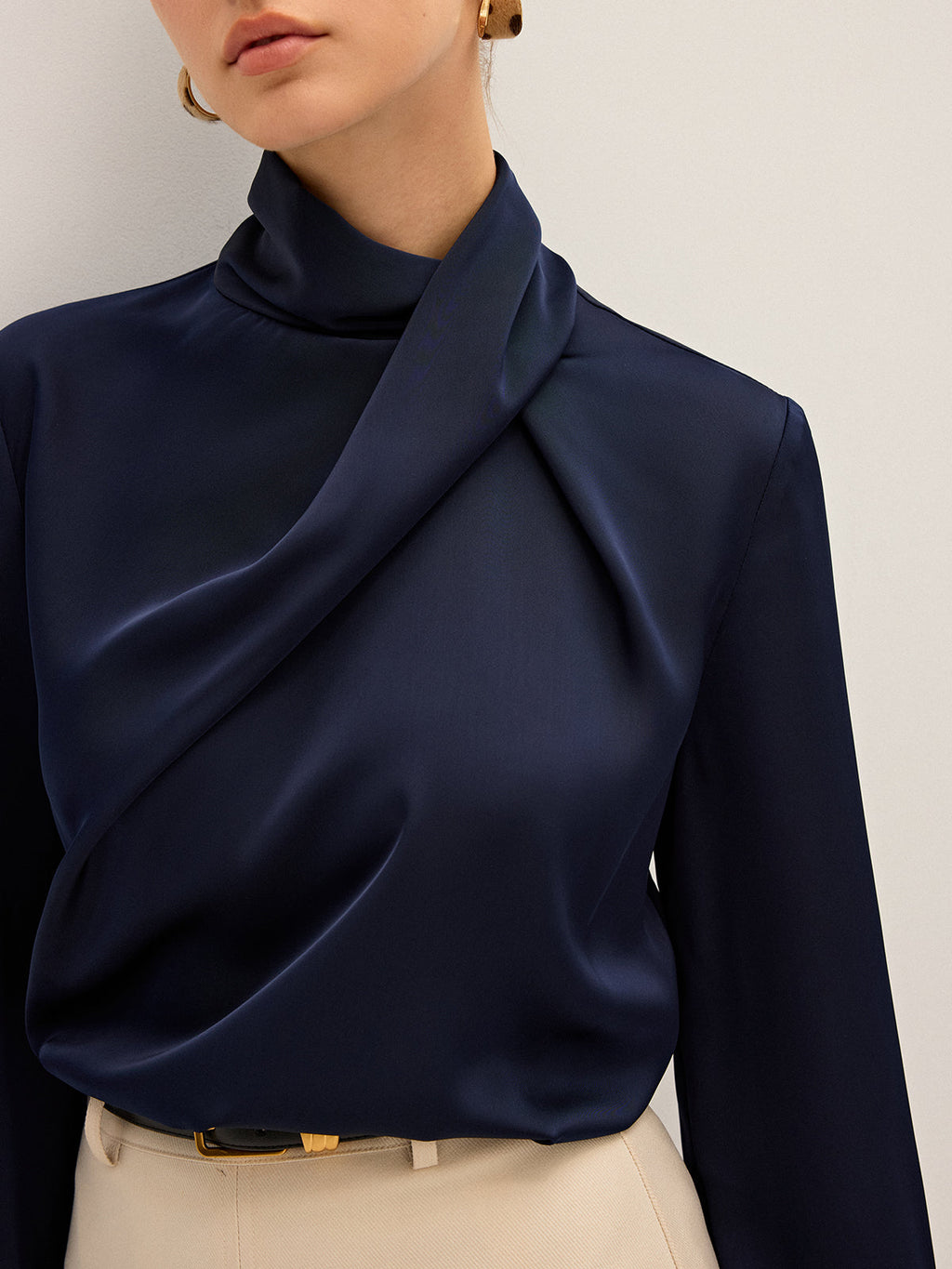 Satin Draped High-Neck Blouse