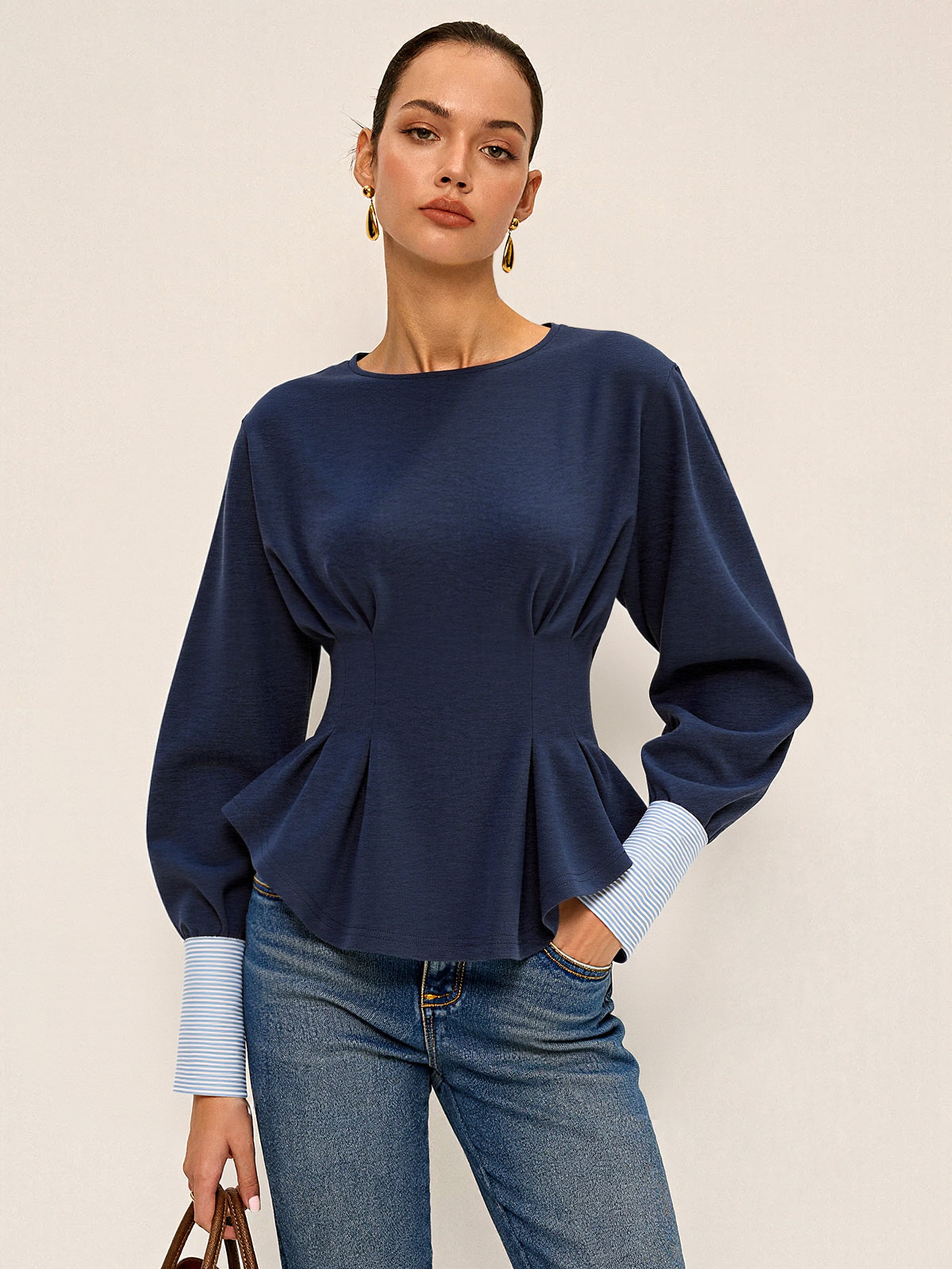 Balloon Sleeve Peplum Sweatshirt - Round Neck