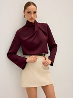 Satin Draped High-Neck Blouse