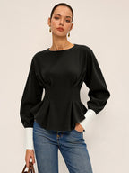 Balloon Sleeve Peplum Sweatshirt - Round Neck