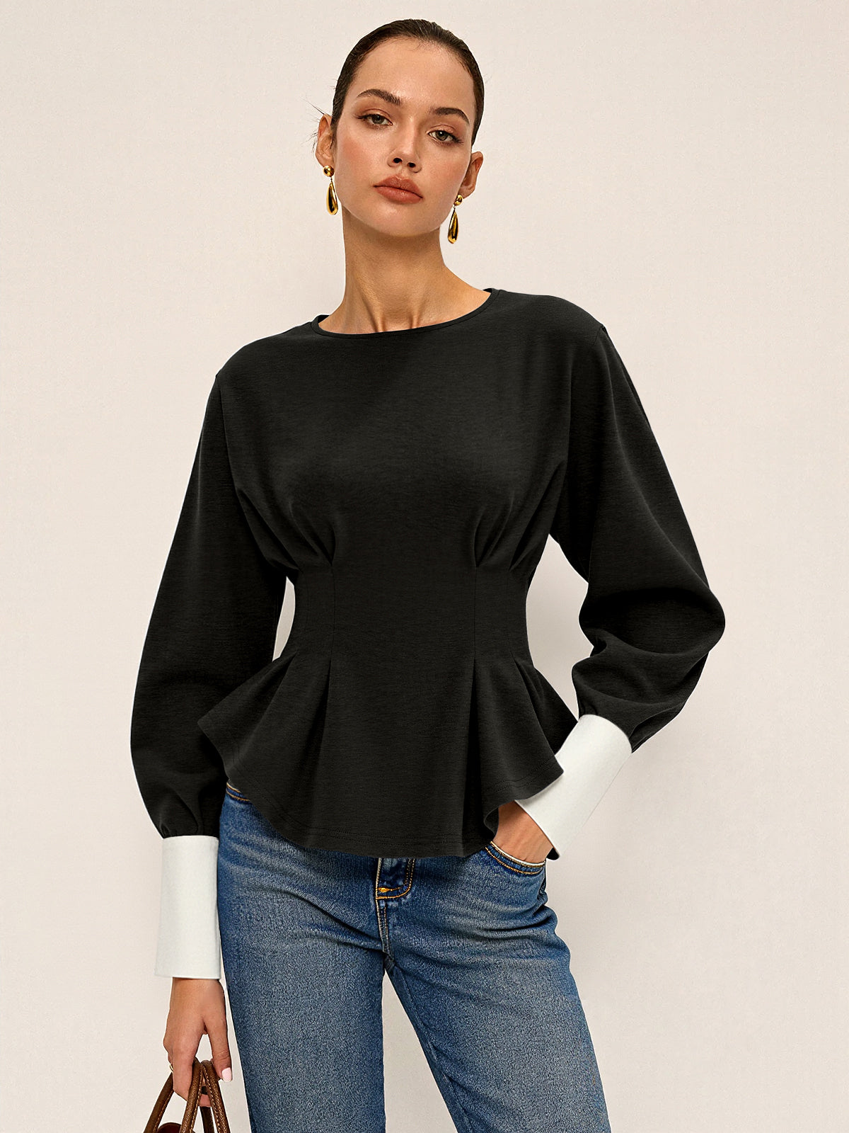 Balloon Sleeve Peplum Sweatshirt - Round Neck