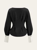 Balloon Sleeve Peplum Sweatshirt - Round Neck