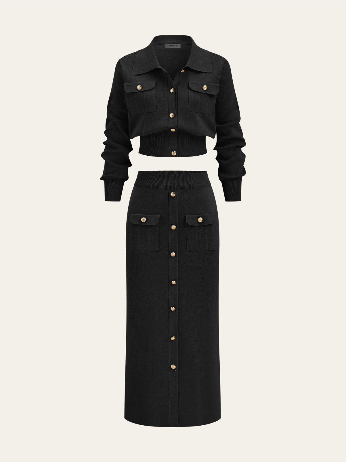Women's Collared Knit Cardigan and Button Front Midi Skirt Set