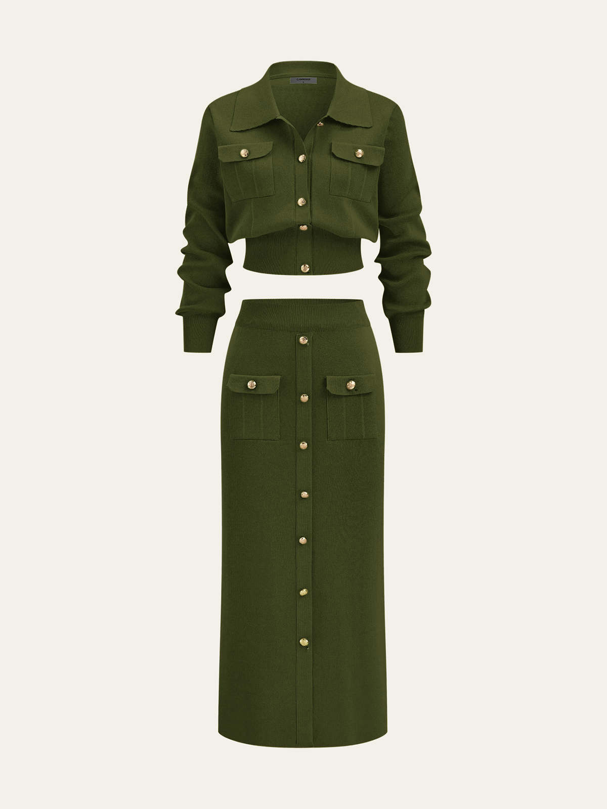 Women's Collared Knit Cardigan and Button Front Midi Skirt Set