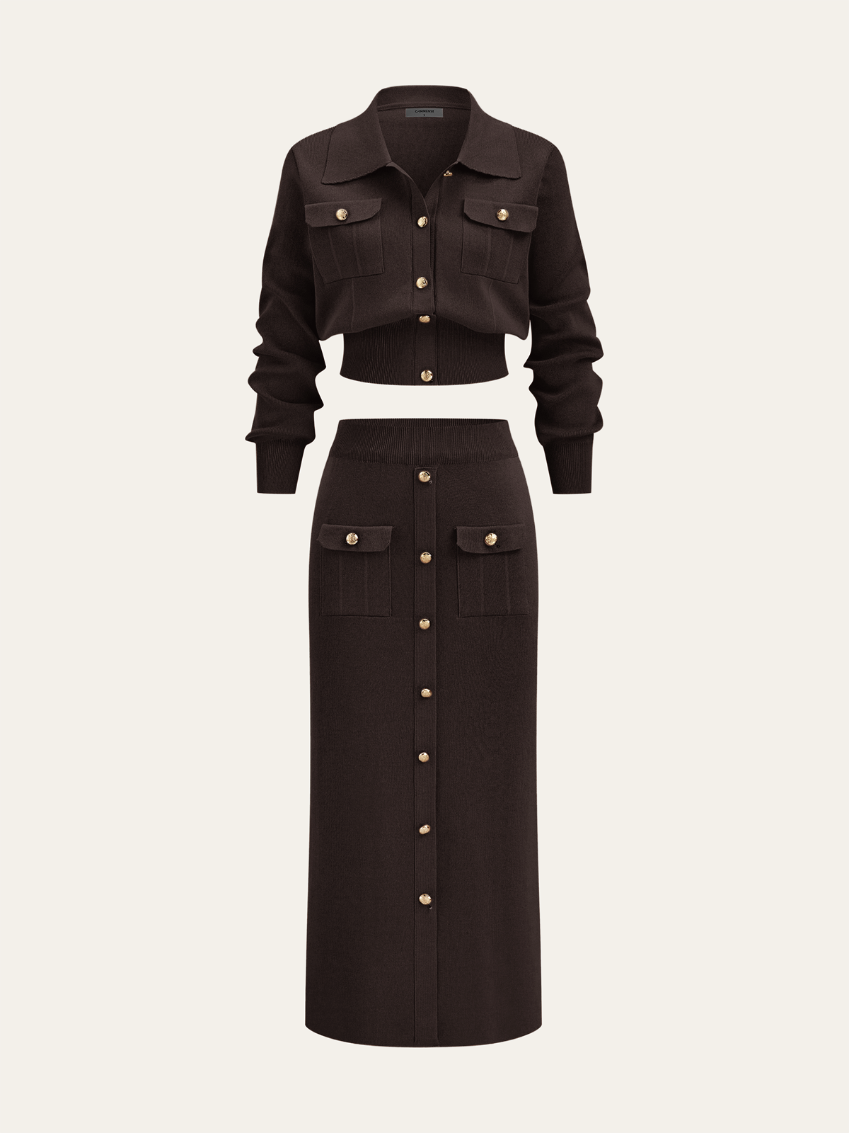 Women's Collared Knit Cardigan and Button Front Midi Skirt Set