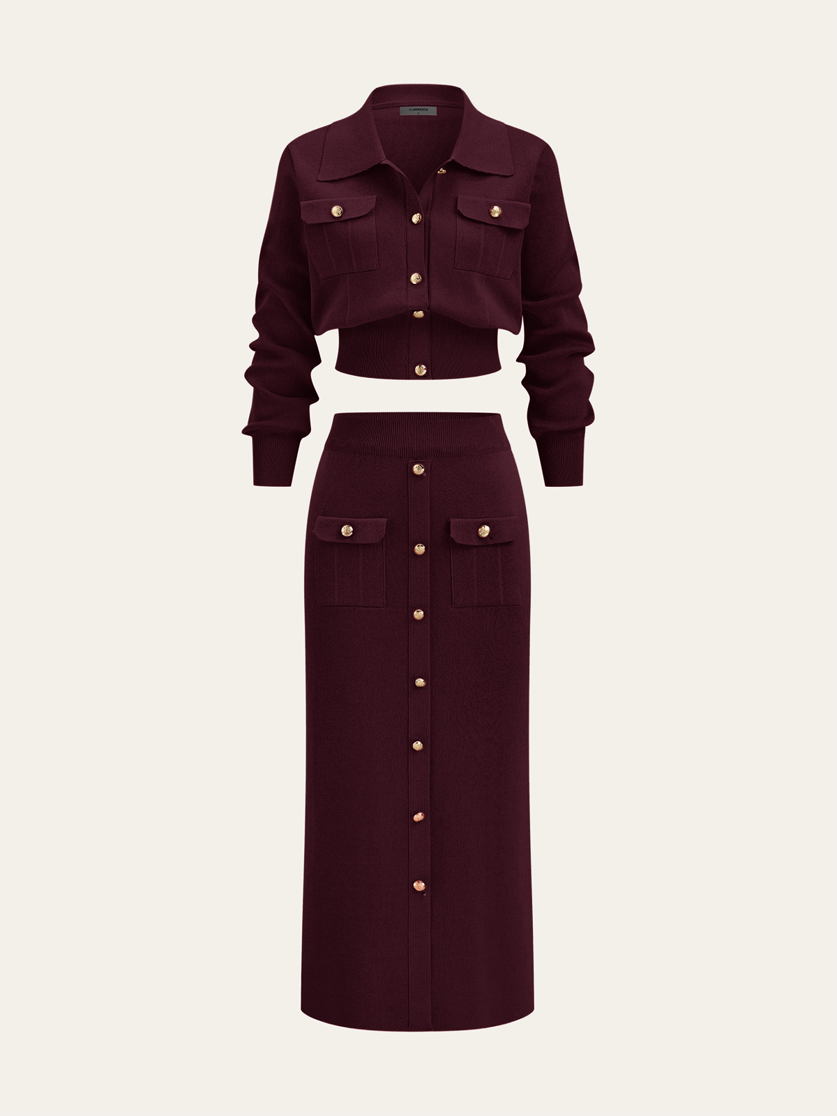 Women's Collared Knit Cardigan and Button Front Midi Skirt Set