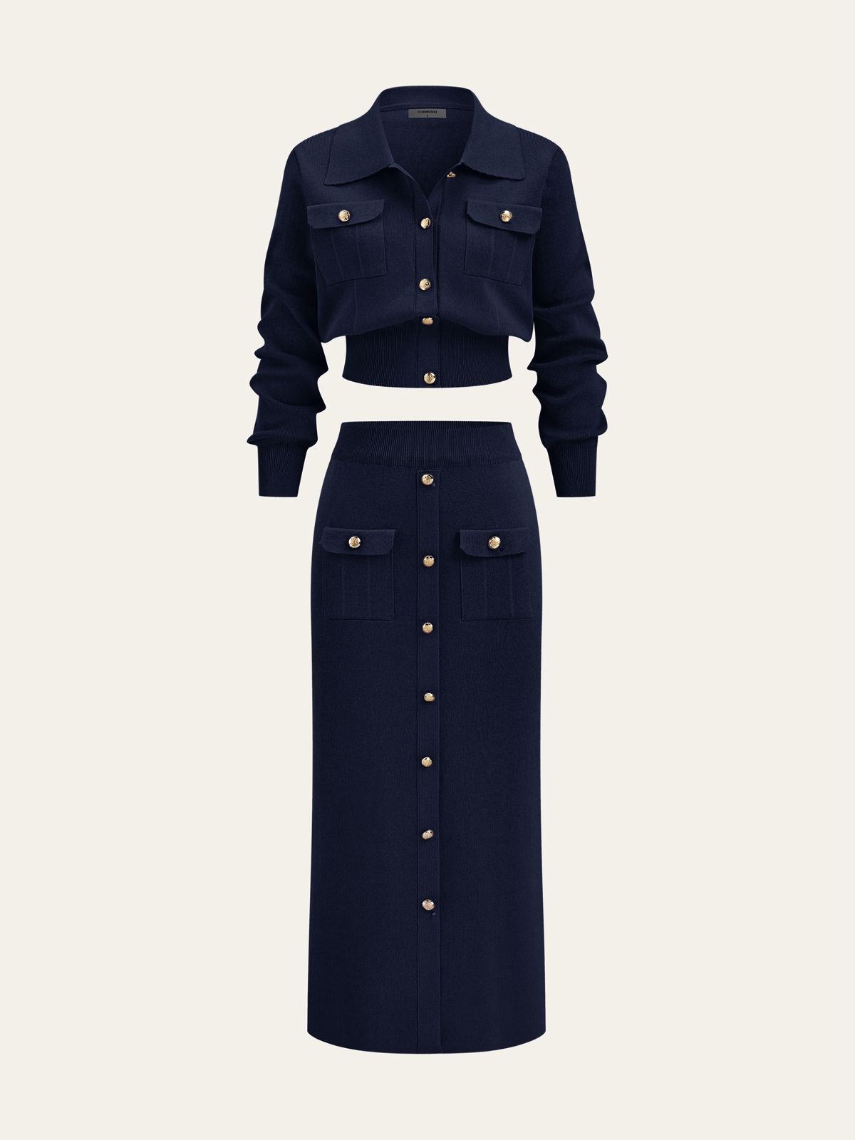 Women's Collared Knit Cardigan and Button Front Midi Skirt Set