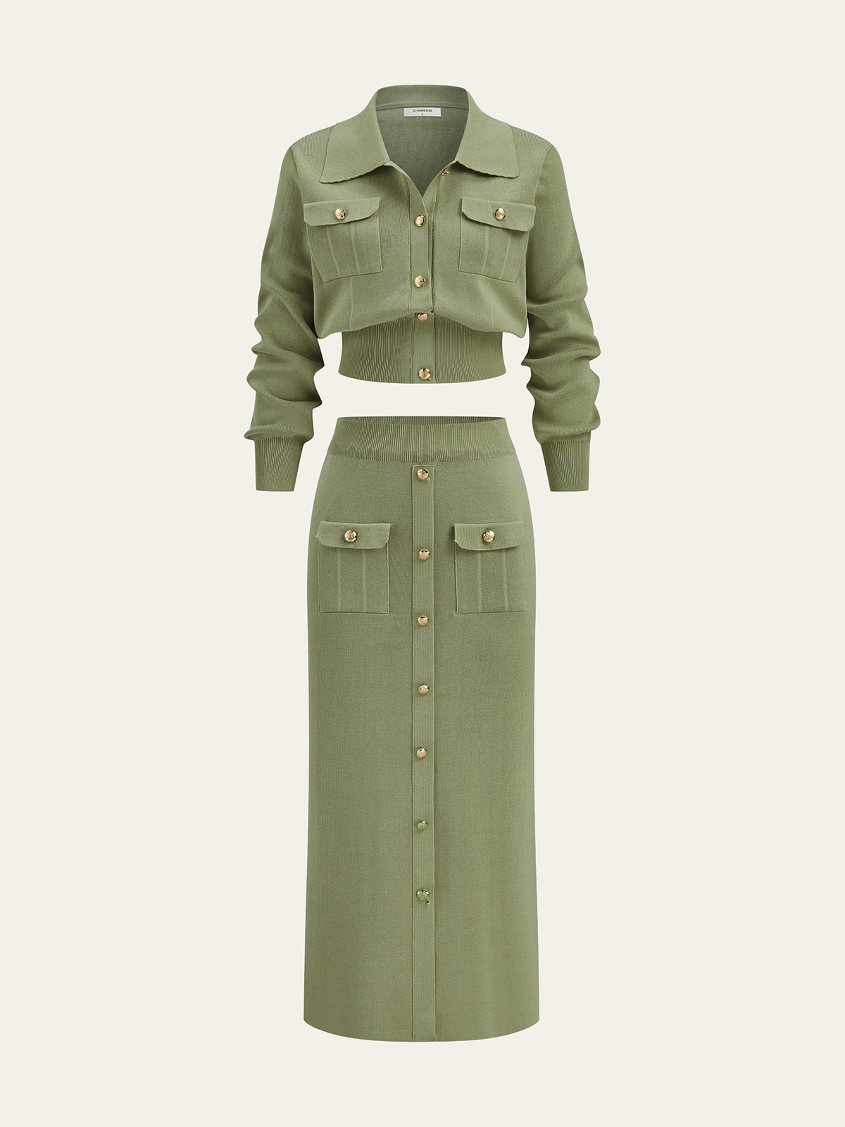 Women's Collared Knit Cardigan and Button Front Midi Skirt Set