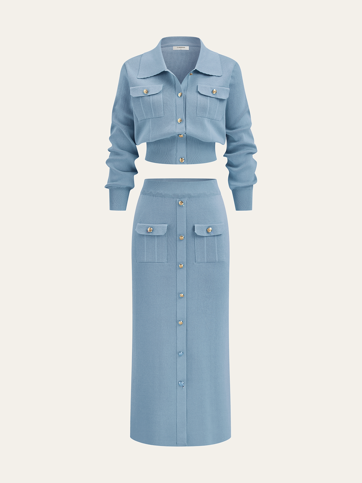 Women's Collared Knit Cardigan and Button Front Midi Skirt Set
