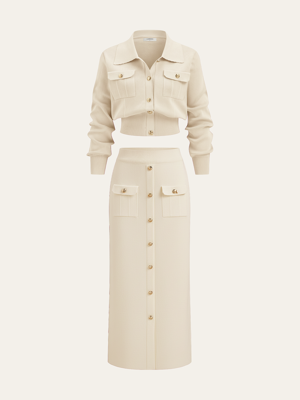 Women's Collared Knit Cardigan and Button Front Midi Skirt Set