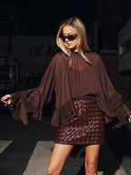 Tiered Ruffle Semi-Sheer Chiffon Blouse - Burgundy