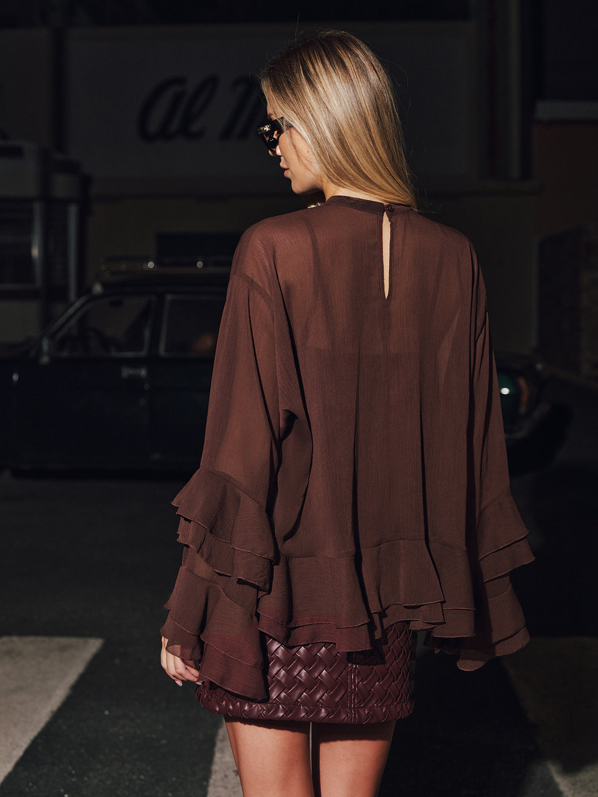 Tiered Ruffle Semi-Sheer Chiffon Blouse - Burgundy