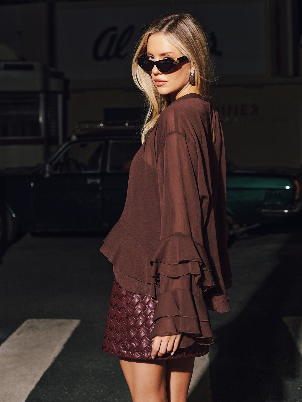 Tiered Ruffle Semi-Sheer Chiffon Blouse - Burgundy