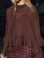 Tiered Ruffle Semi-Sheer Chiffon Blouse - Burgundy