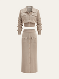 Women's Collared Knit Cardigan and Button Front Midi Skirt Set
