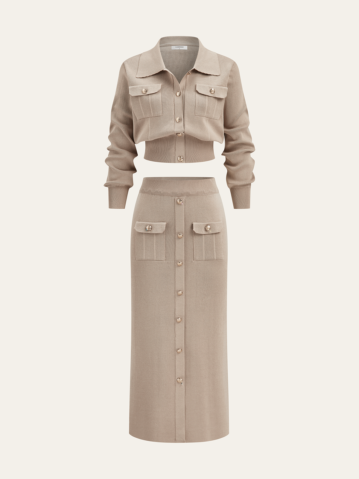 Women's Collared Knit Cardigan and Button Front Midi Skirt Set