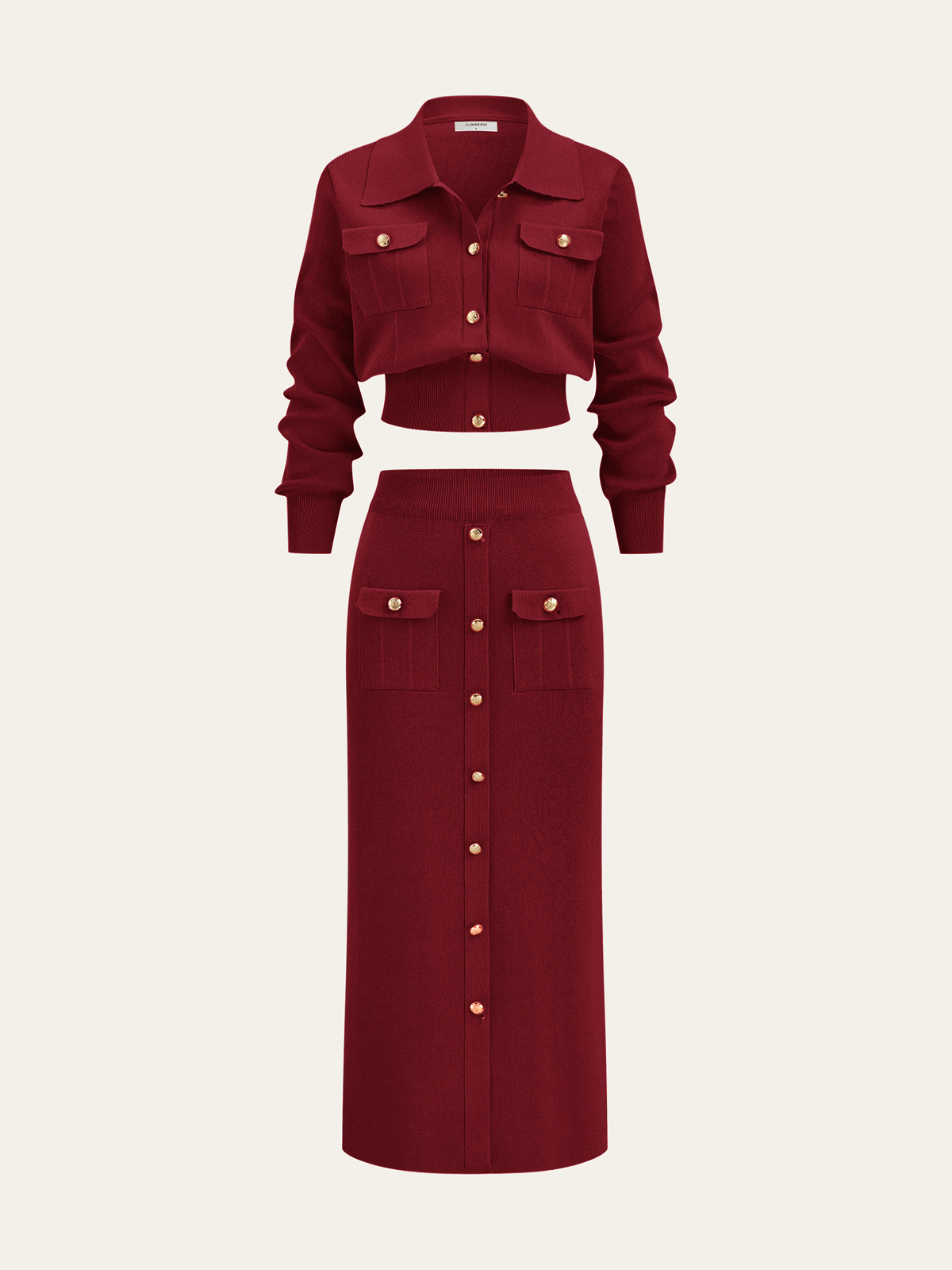 Women's Collared Knit Cardigan and Button Front Midi Skirt Set