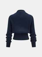 Collared Ribbed Cropped Jumper with Metal Buckle
