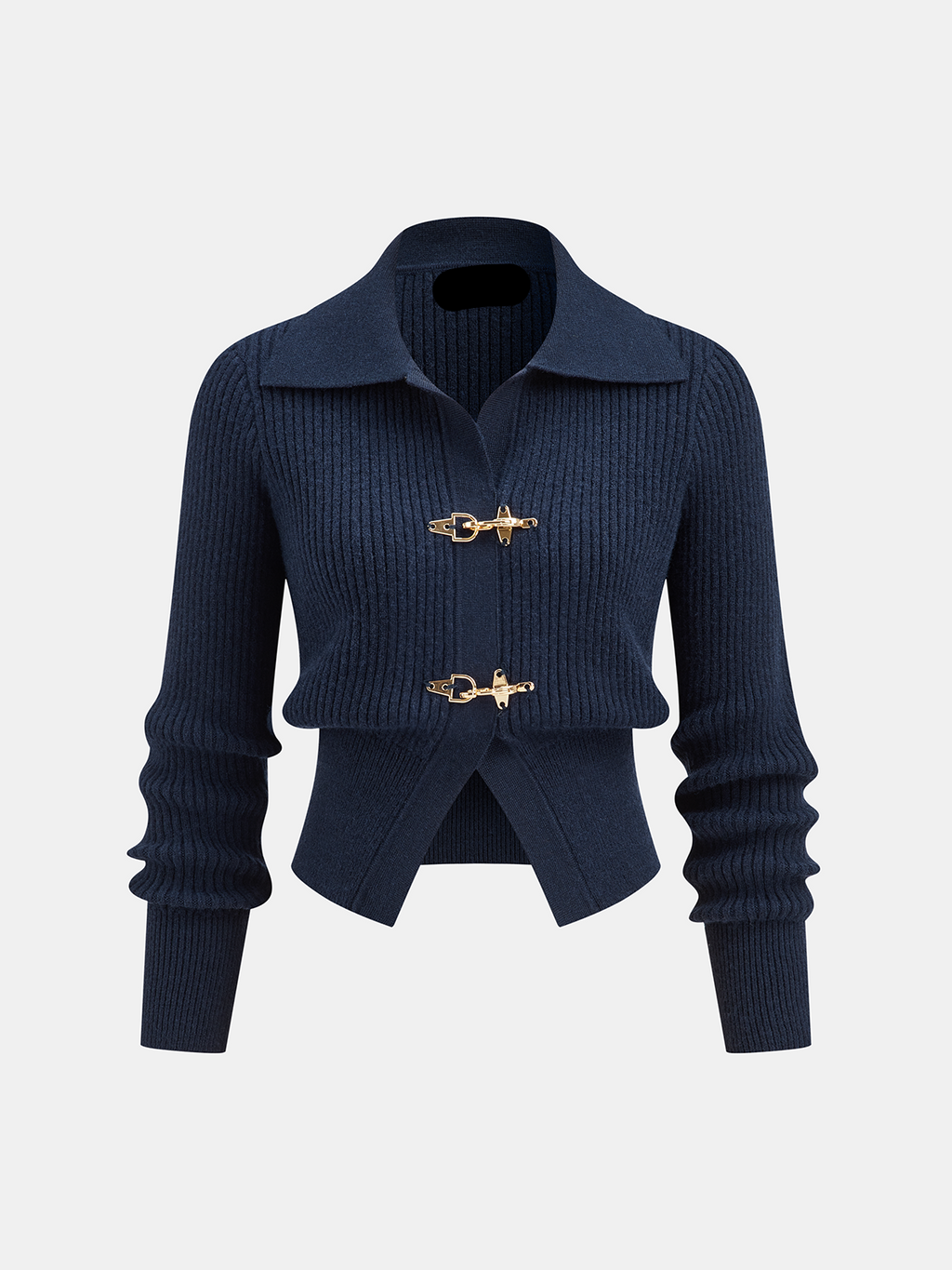 Collared Ribbed Cropped Jumper with Metal Buckle