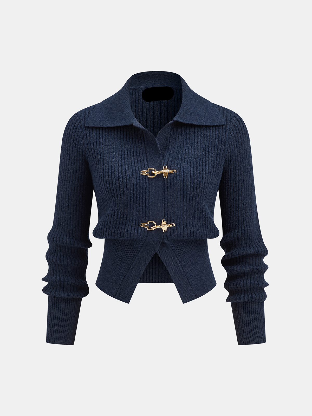 Collared Ribbed Cropped Jumper with Metal Buckle