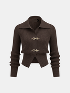 Collared Ribbed Cropped Jumper with Metal Buckle