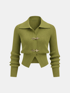 Collared Ribbed Cropped Jumper with Metal Buckle