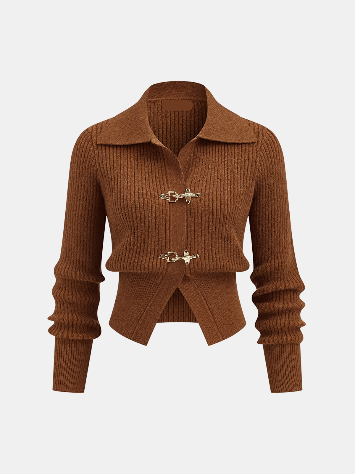 Collared Ribbed Cropped Jumper with Metal Buckle