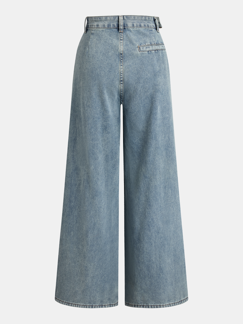 Asymmetric Ruched Denim Wide-Leg Trousers