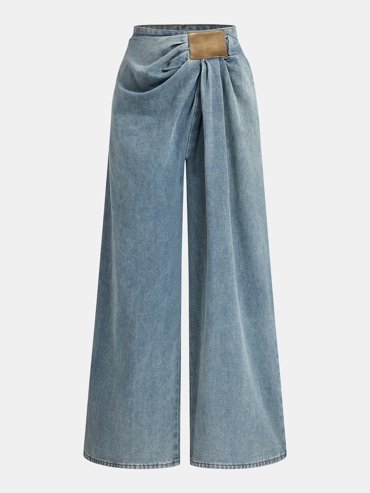 Asymmetric Ruched Denim Wide-Leg Trousers