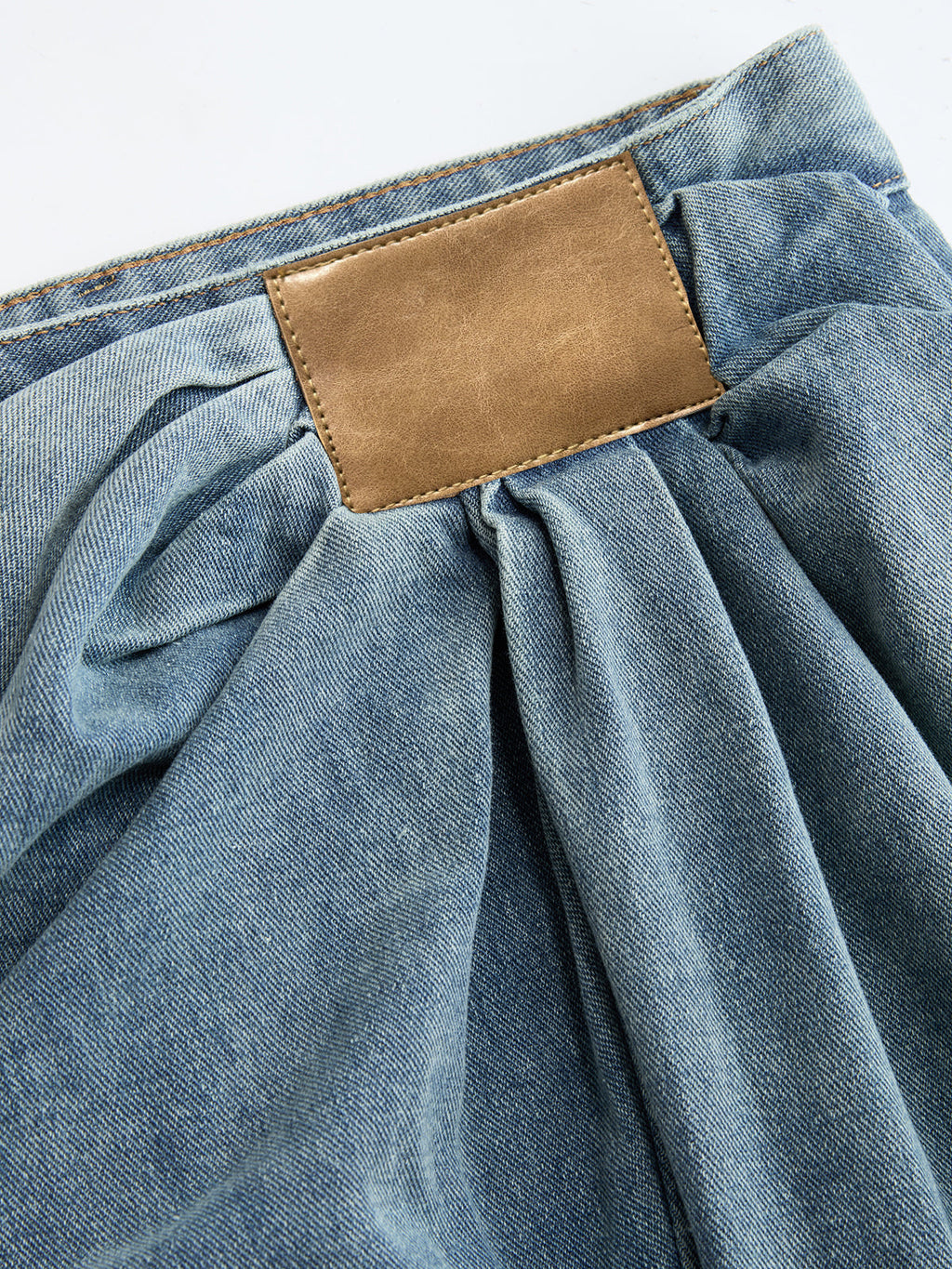 Asymmetric Ruched Denim Wide-Leg Trousers
