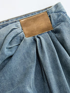 Asymmetric Ruched Denim Wide-Leg Trousers