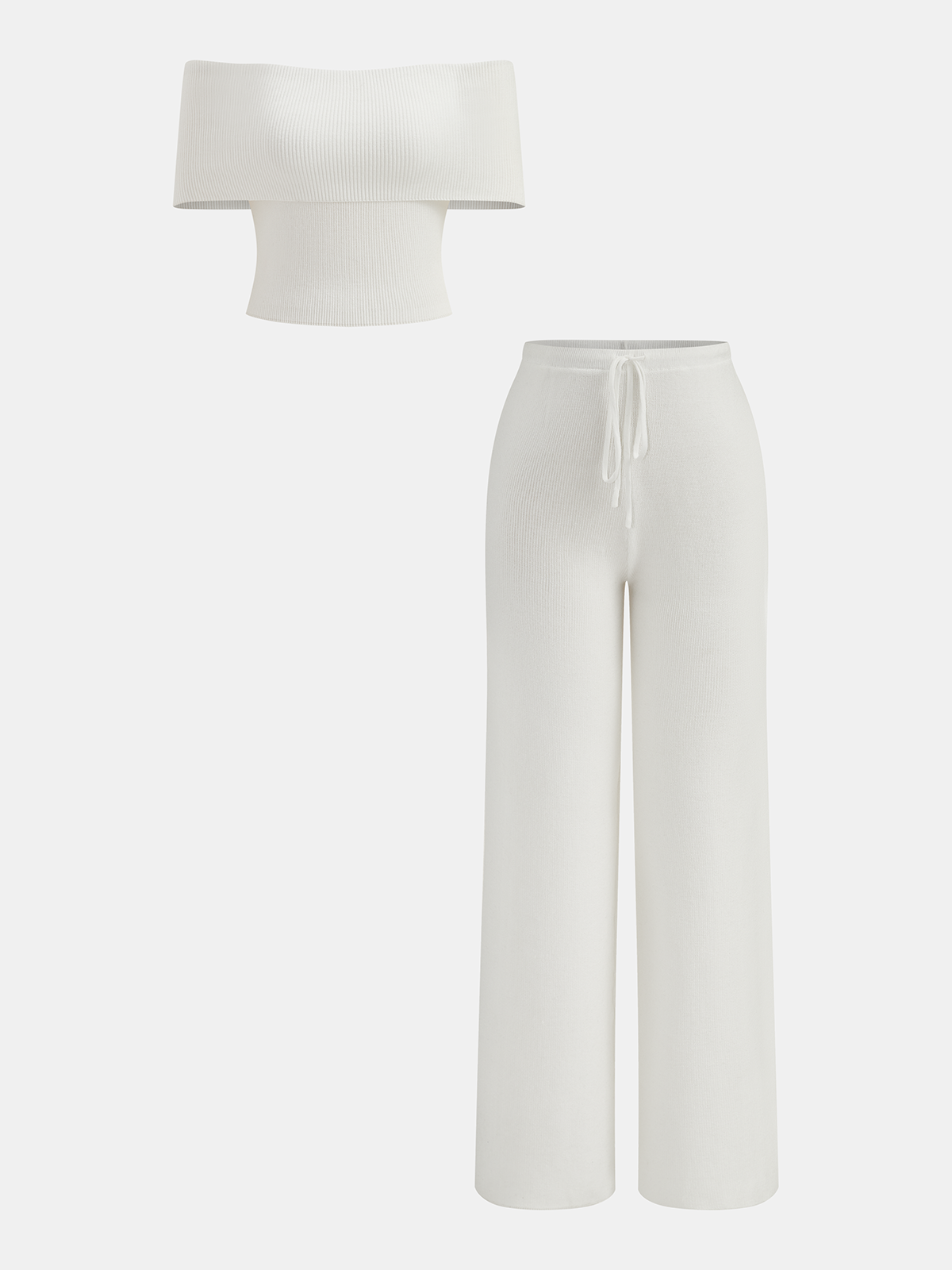 Women's Ribbed Knit Off-Shoulder Top and Wide Leg Trouser Set