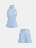 Women's Halter Neck Button Front Waistcoat and Tailored Shorts Set