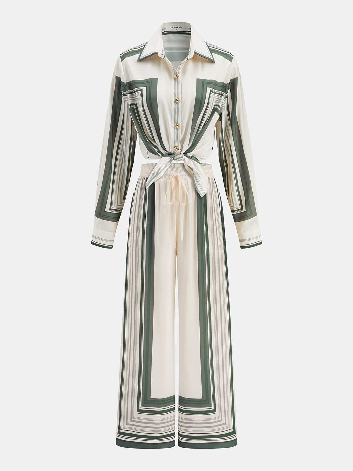 Women's Geometric Print Satin Shirt and Wide-Leg Trousers Two-Piece Set