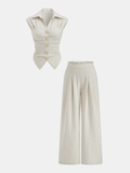 Women's Sleeveless Tailored Button Front Top and Pleated Wide-Leg Trousers