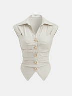 Women's Sleeveless Tailored Button Front Top and Pleated Wide-Leg Trousers