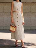 Women's Sleeveless Cotton Button Front Vest and A-Line Midi Skirt Set