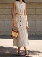 Women's Sleeveless Cotton Button Front Vest and A-Line Midi Skirt Set
