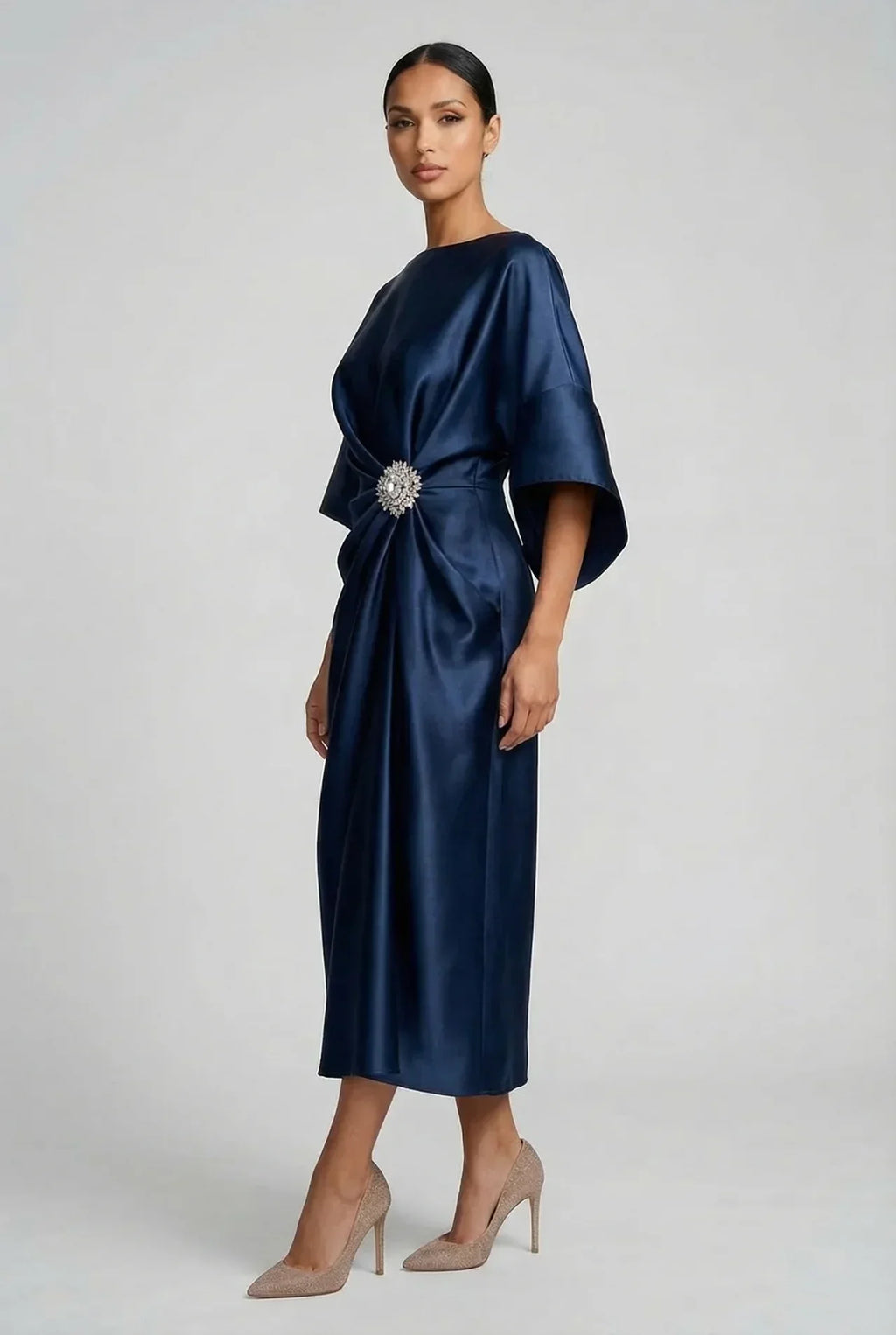 Satin Batwing Jewel Midi Dress - Elegant Wedding Guest Dress | Meave & Ivy