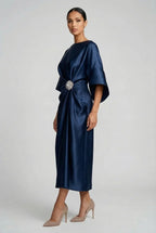 Satin Batwing Jewel Midi Dress - Elegant Wedding Guest Dress | Meave & Ivy