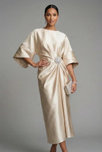 Satin Batwing Jewel Midi Dress - Elegant Wedding Guest Dress | Meave & Ivy