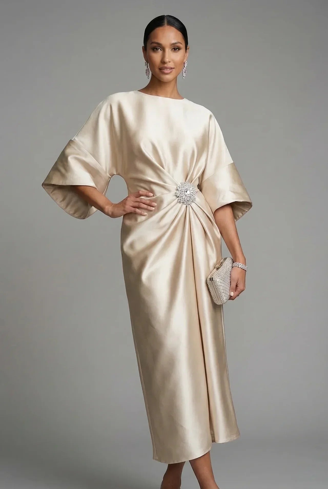 Satin Batwing Jewel Midi Dress - Elegant Wedding Guest Dress | Meave & Ivy