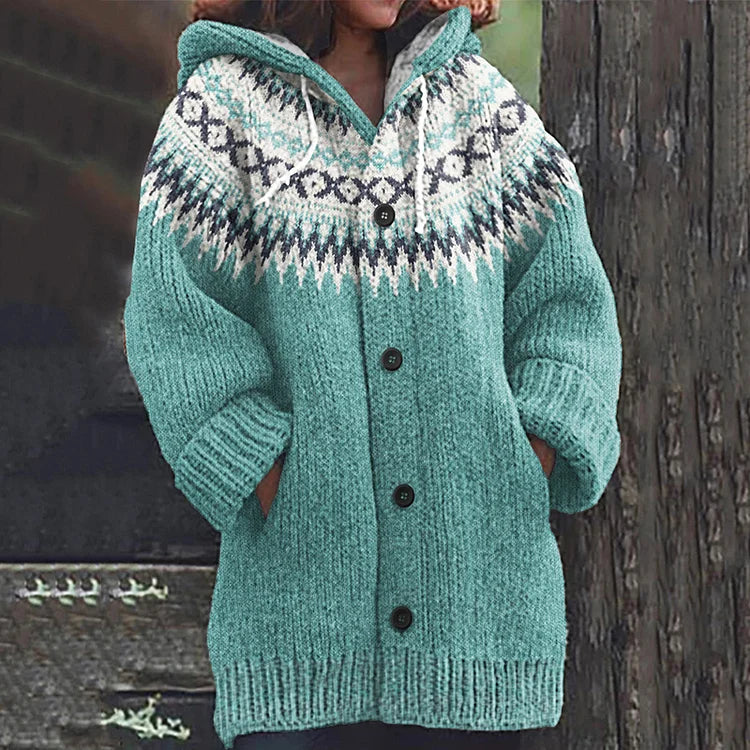 Women's Fair Isle Knitted Cardigan with Drawstring Hood and Button Front