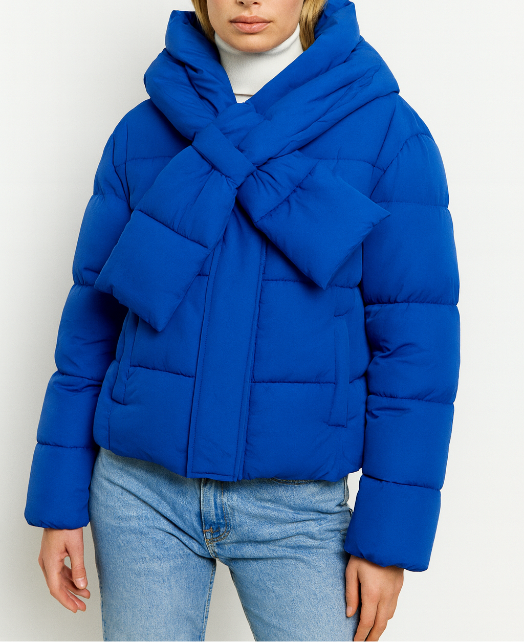Women's Short Quilted Puffer Jacket with Oversized Padded Scarf Collar
