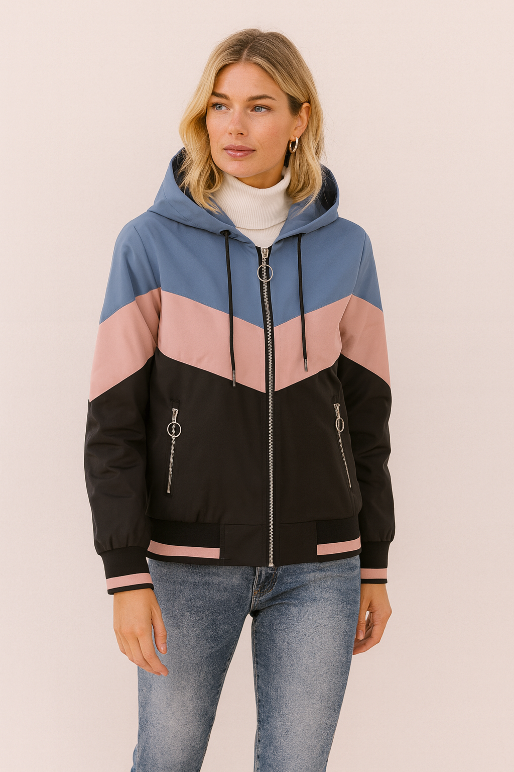 Women's Lightweight Hooded Bomber Jacket with Printed Colour Block Design