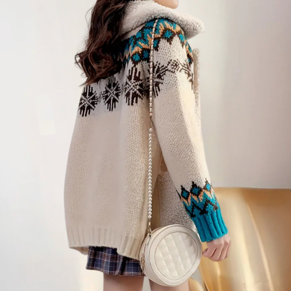 Nordic Knit Cardigan with Fleece Collar & Buttons