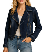 Women's Fitted Denim Biker Jacket with Asymmetric Zip and Notched Lapels